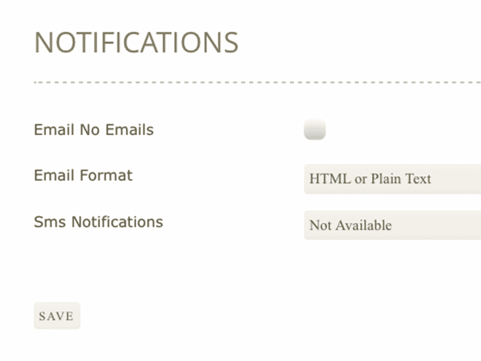 Header "Notifications", label "Email No Emails", checkbox